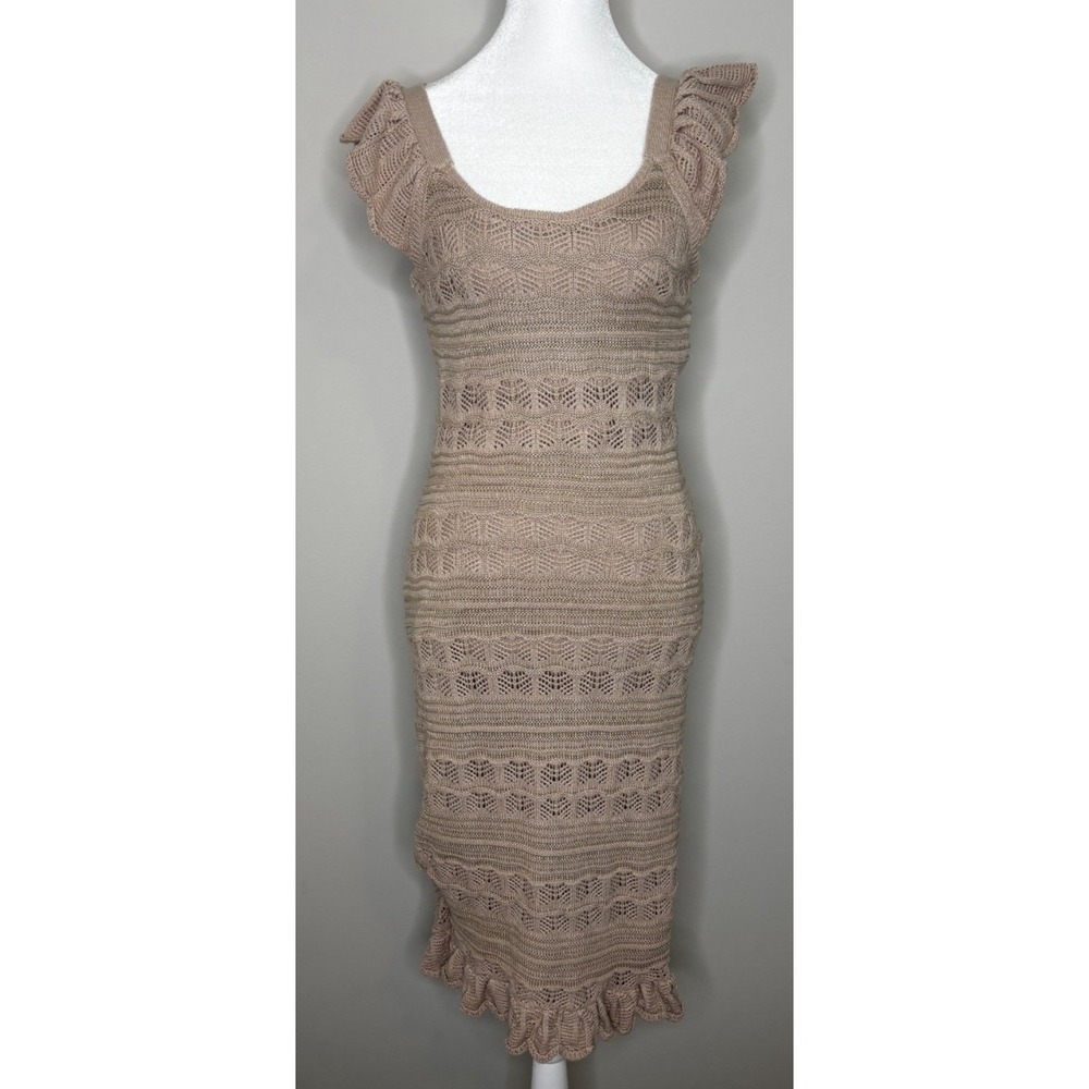 Freshman 1996 Tan Sleeveless Pointelle Knit Ruffle Midi Dress XS